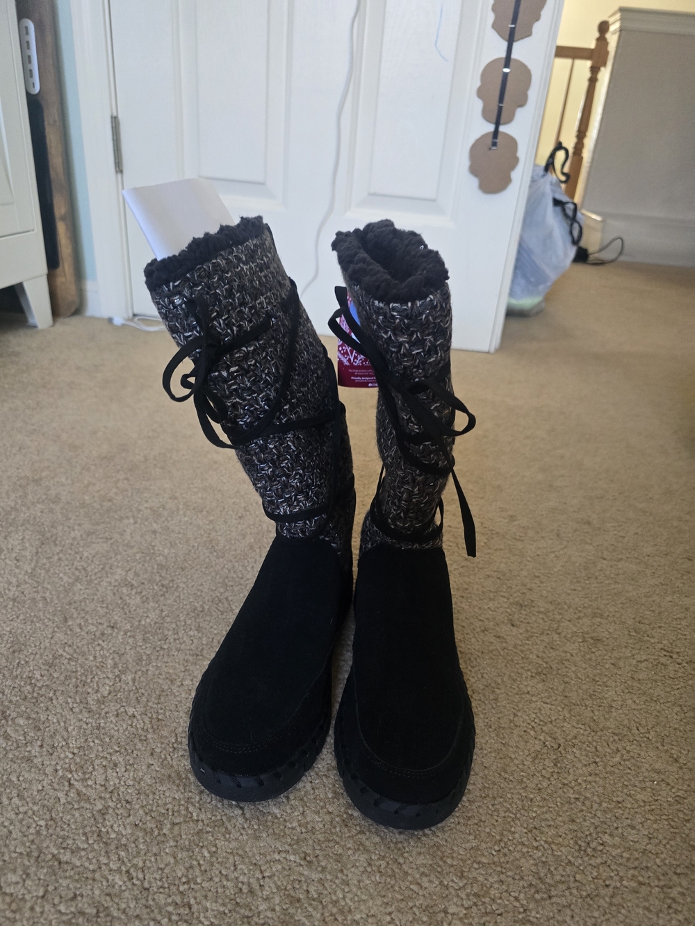 Women’s Black Knit-Trim Winter Boots